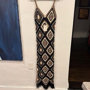 Elan Black and Cream Maxi Dress with Geometric Design